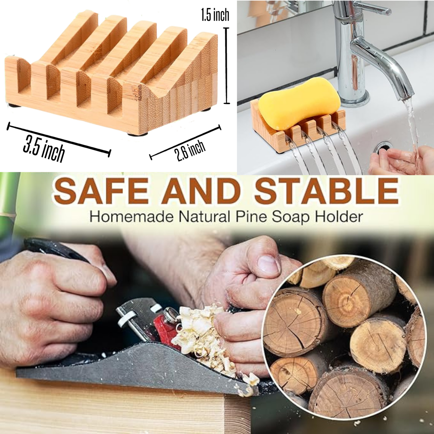Natural Pine Wood Self Draining Soap Dish